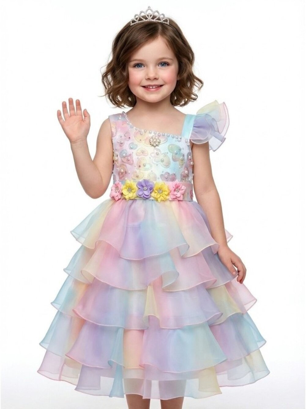 Girls Fairy Tale Princess Dress Pastel Rainbow Organza Tiered Party Dress Up